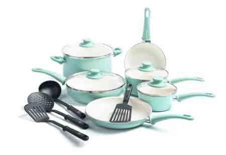 GreenLife Soft Grip 16pc Ceramic Non-Stick Cookware Set, Turquoise