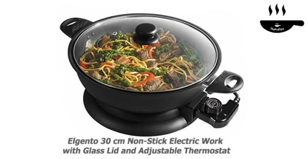 Elgento 30 cm Non Stick Electric Wok with Glass Lid and Adjustable Thermostat
